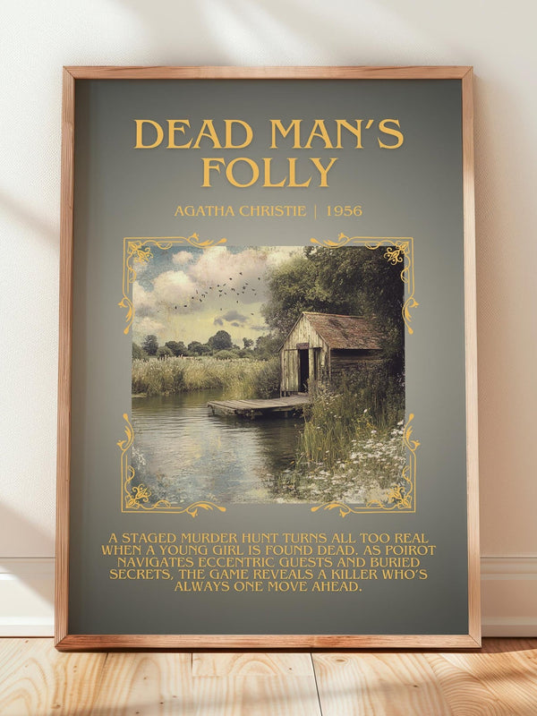 Dead Man's Folly minimalist print in frame leaning in hallway – mystery wall art