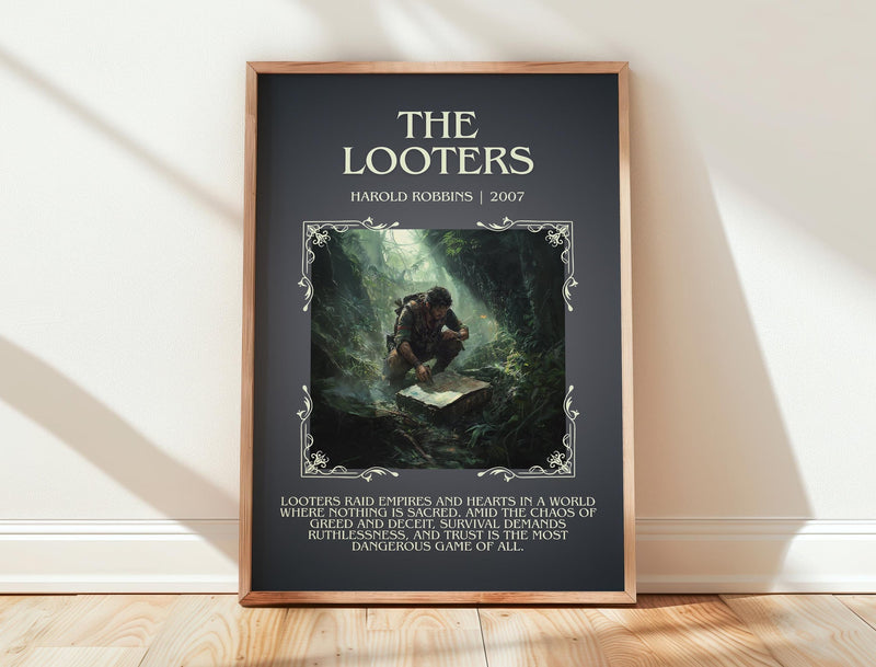 The Looters minimalist print in frame leaning in hallway – thriller wall art