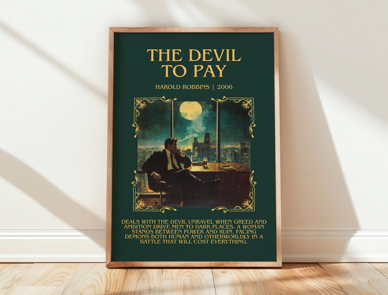 The Devil To Pay minimalist print in frame leaning in hallway – thriller wall art