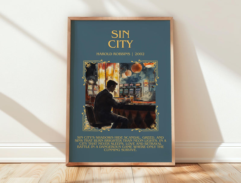 Sin City minimalist print in frame leaning in hallway – romance wall art