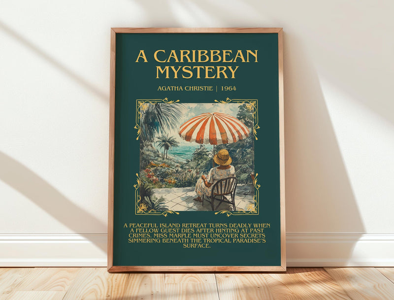 A Caribbean Mystery minimalist print in frame leaning in hallway – mystery wall art