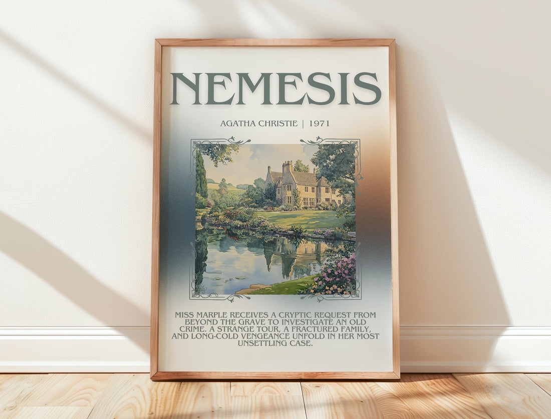Nemesis minimalist print in frame leaning in hallway – mystery wall art (mockup)