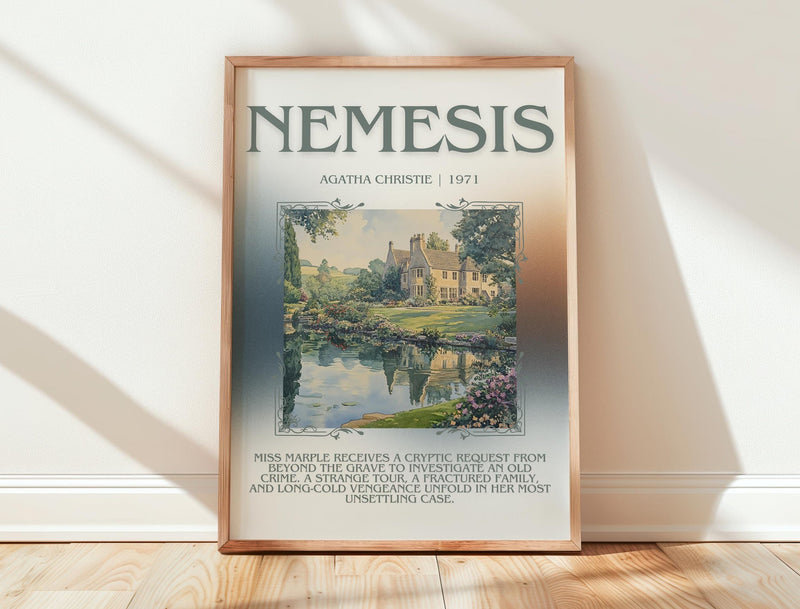 Nemesis minimalist print in frame leaning in hallway – mystery wall art