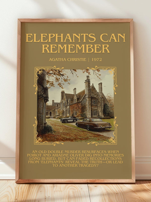 Elephants Can Remember minimalist print in frame leaning in hallway – mystery wall art