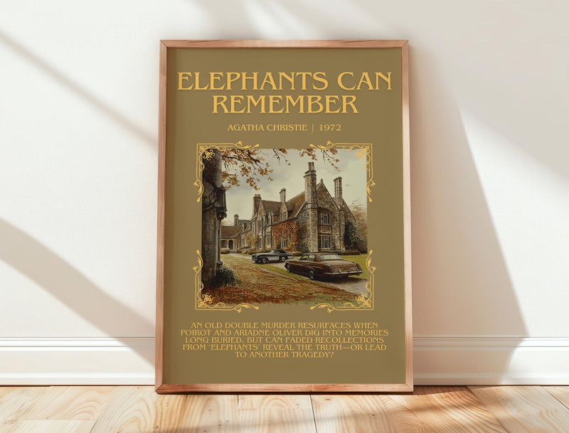 Elephants Can Remember minimalist print in frame leaning in hallway – mystery wall art