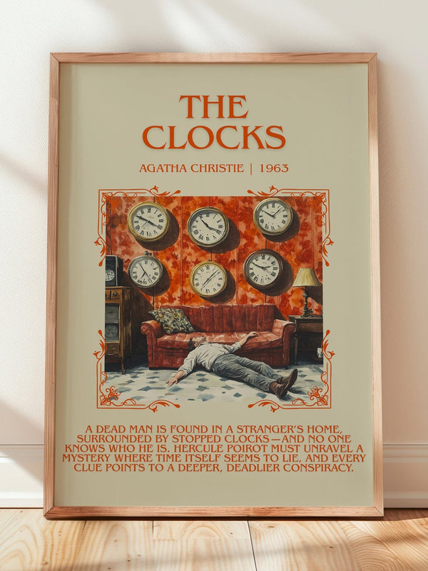 The Clocks minimalist print in frame leaning in hallway – mystery wall art