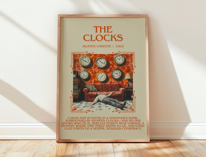 The Clocks minimalist print in frame leaning in hallway – mystery wall art