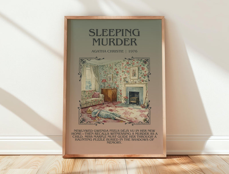 Sleeping Murder minimalist print in frame leaning in hallway – mystery wall art
