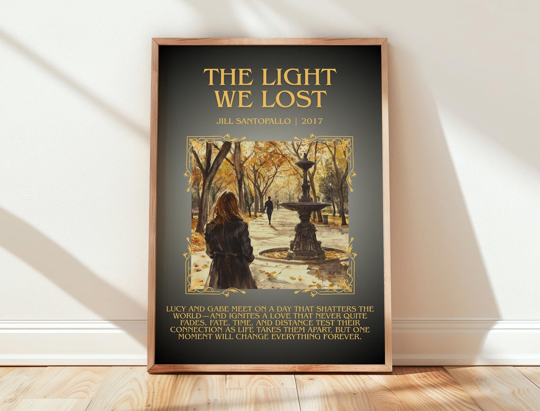 The Light We Lost minimalist print in frame leaning in hallway – romance wall art (mockup)