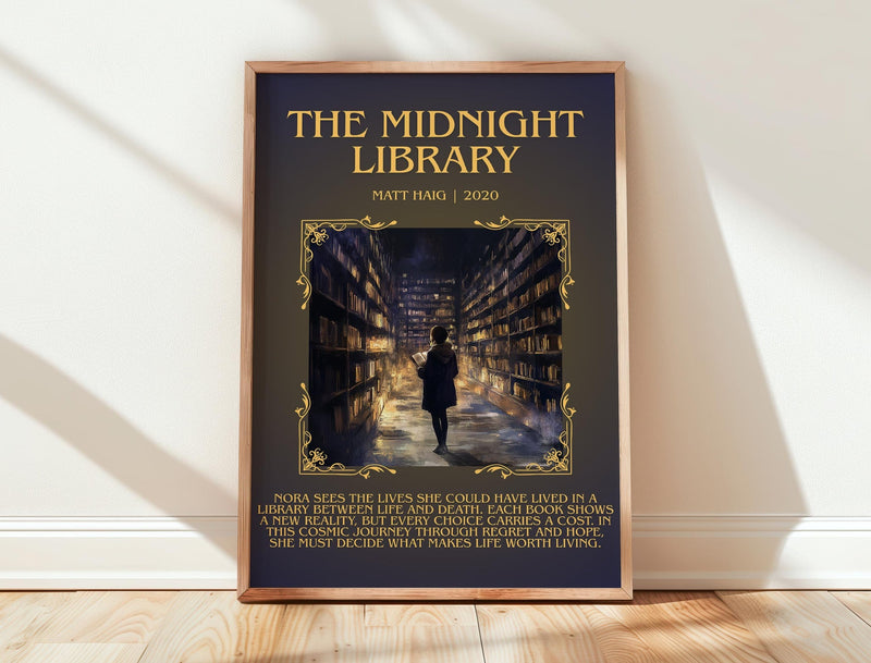 The Midnight Library minimalist print in frame leaning in hallway – contemporary fiction wall art