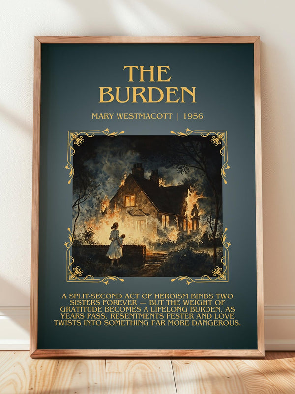 The Burden minimalist print in frame leaning in hallway – romance wall art