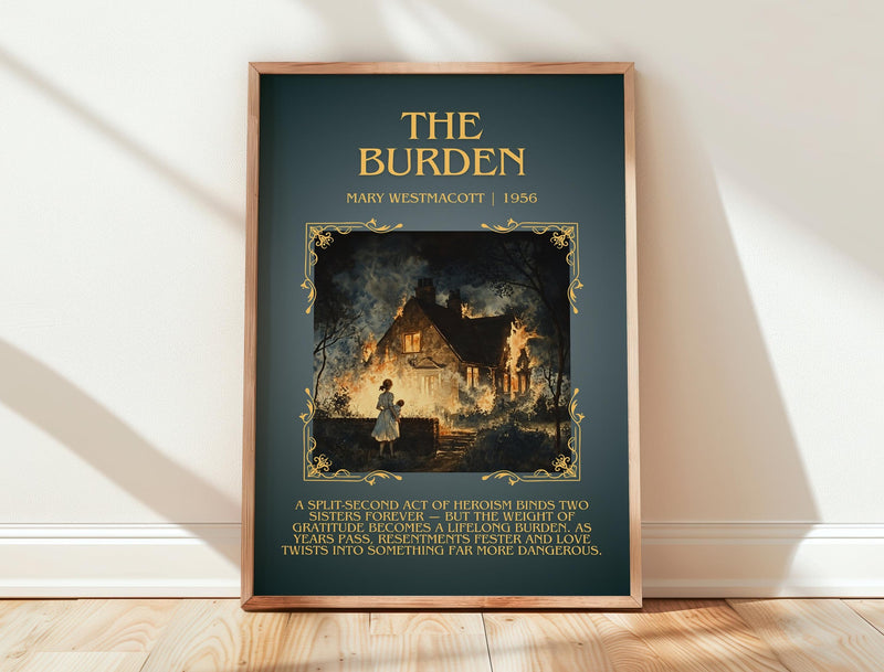 The Burden minimalist print in frame leaning in hallway – romance wall art