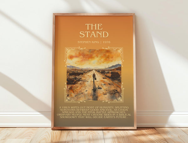 The Stand minimalist print in frame leaning in hallway – horror wall art