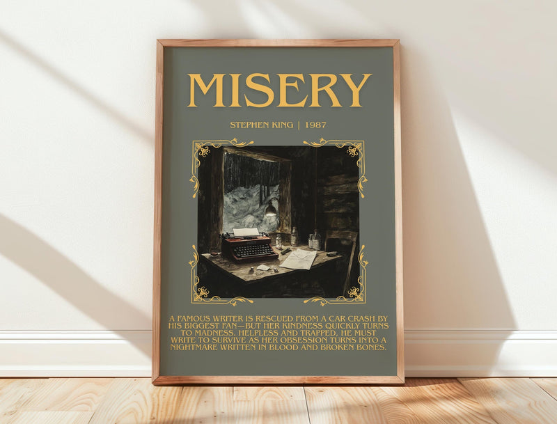 Misery minimalist print in frame leaning in hallway – horror wall art