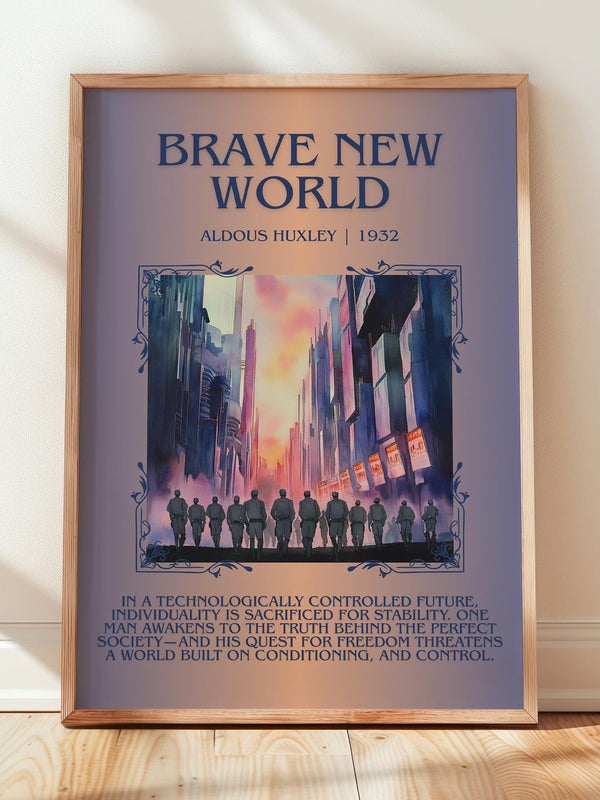 Brave New World minimalist print in frame leaning in hallway – dystopian wall art
