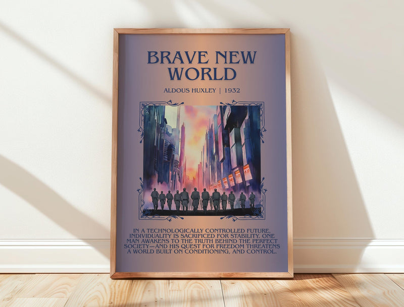 Brave New World minimalist print in frame leaning in hallway – dystopian wall art