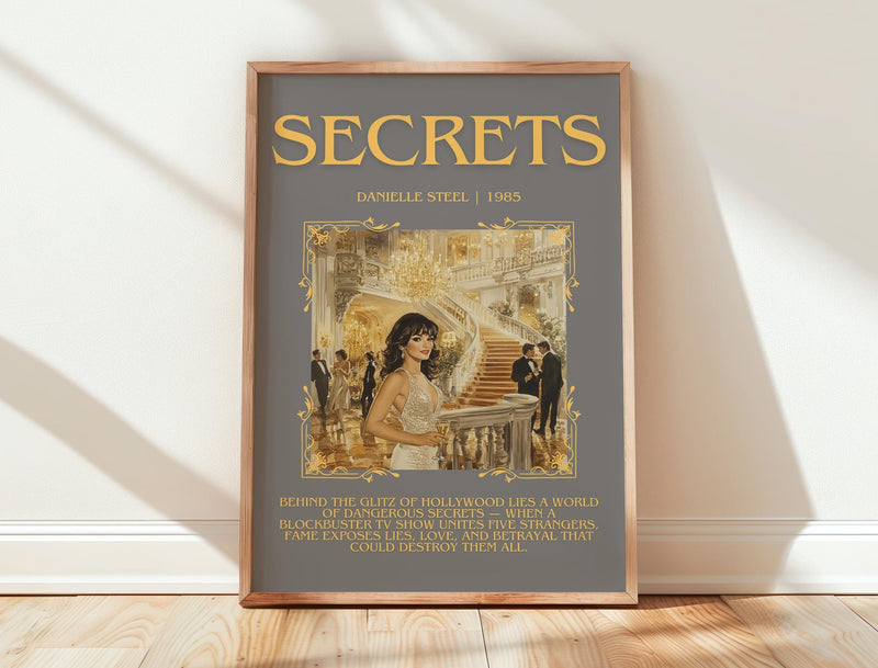 Secrets minimalist print in frame leaning in hallway – contemporary fiction wall art