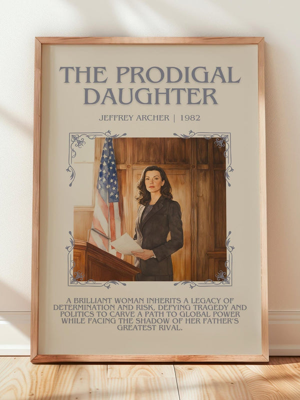 The Prodigal Daughter minimalist print in frame leaning in hallway – thriller wall art