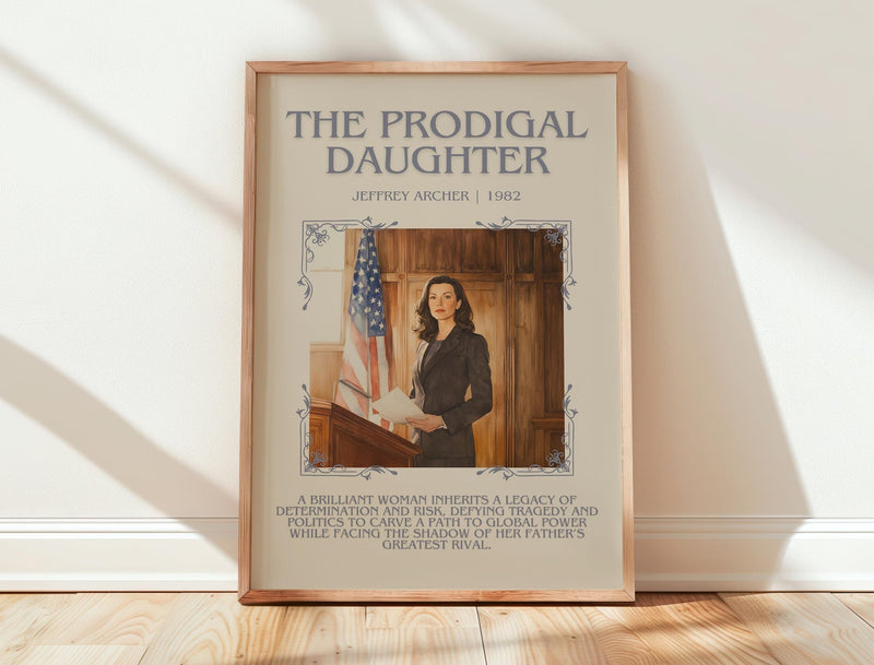 The Prodigal Daughter minimalist print in frame leaning in hallway – thriller wall art