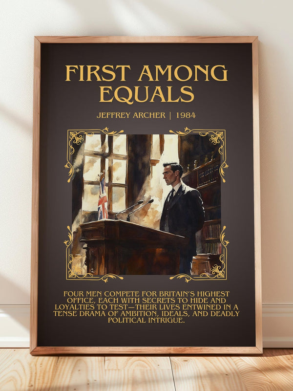First Among Equals minimalist print in frame leaning in hallway – contemporary fiction wall art