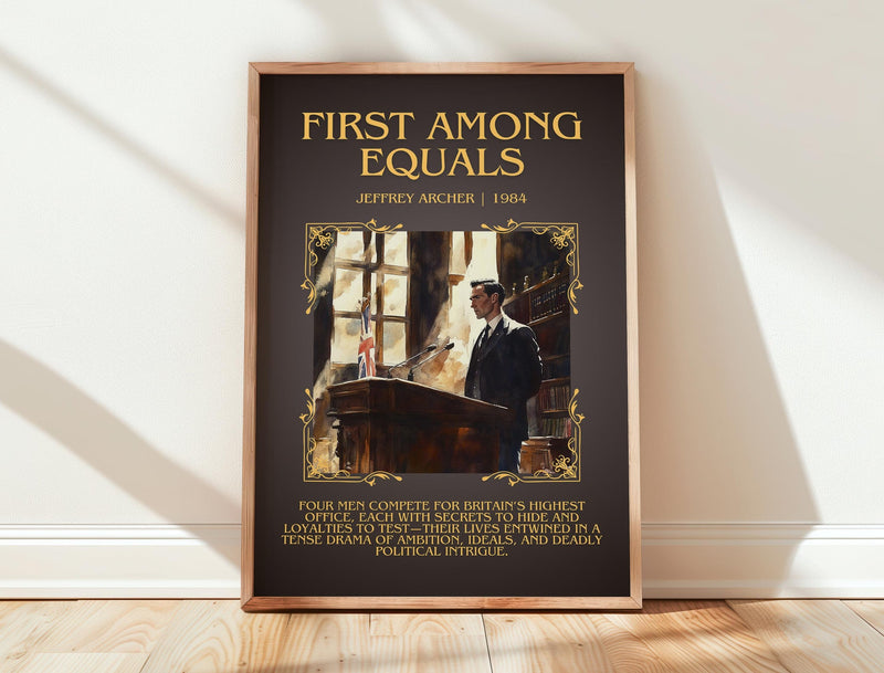 First Among Equals minimalist print in frame leaning in hallway – contemporary fiction wall art