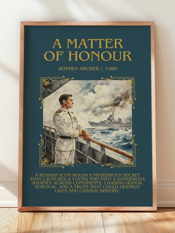 A Matter Of Honour minimalist print in frame leaning in hallway – thriller wall art