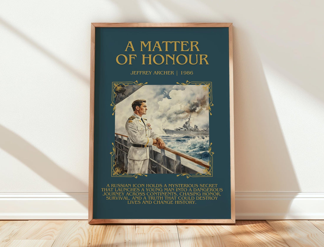 A Matter Of Honour minimalist print in frame leaning in hallway – thriller wall art (mockup)