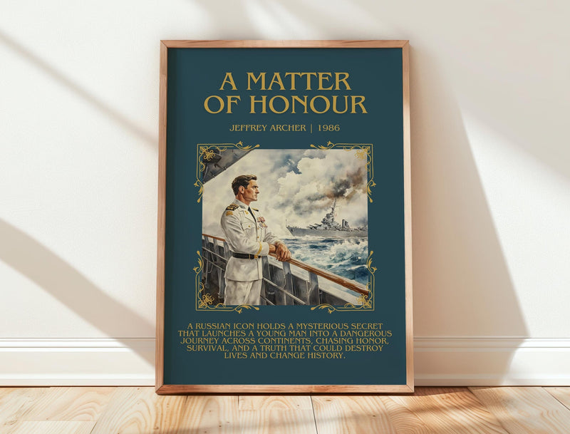 A Matter Of Honour minimalist print in frame leaning in hallway – thriller wall art