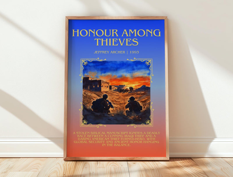 Honour Among Thieves minimalist print in frame leaning in hallway – thriller wall art