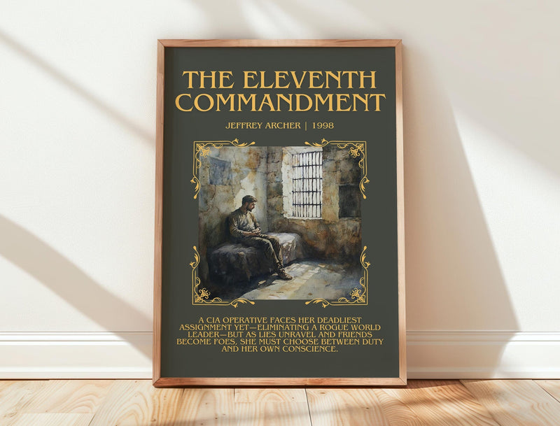The Eleventh Commandment minimalist print in frame leaning in hallway – thriller wall art