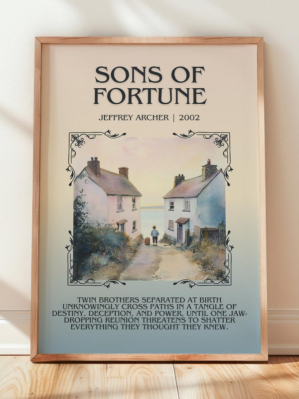 Sons of Fortune minimalist print in frame leaning in hallway – thriller wall art