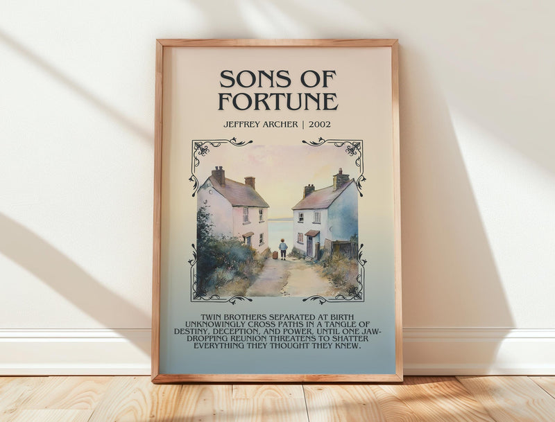 Sons of Fortune minimalist print in frame leaning in hallway – thriller wall art