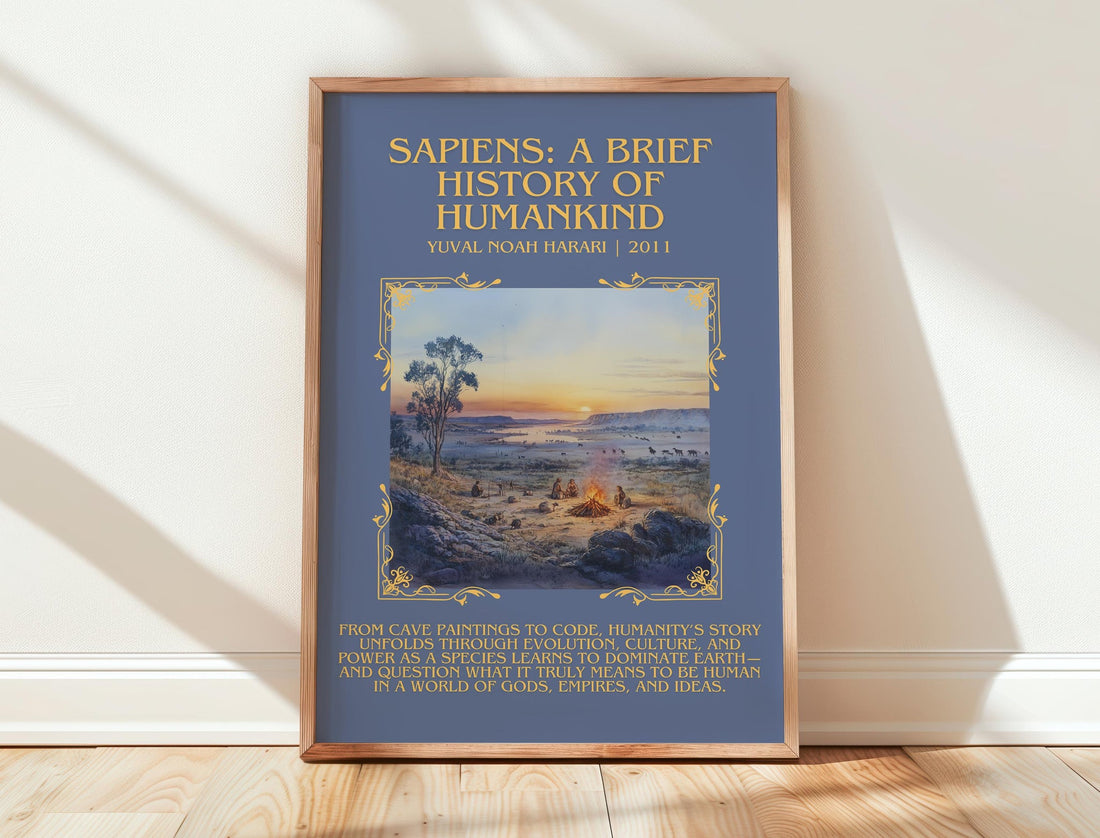 Sapiens: A Brief History of Humankind minimalist print in frame leaning in hallway – non fiction wall art (mockup)