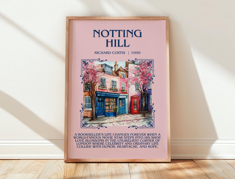 Notting Hill minimalist print in frame leaning in hallway – romance wall art