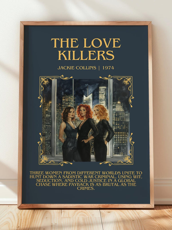 The Love Killers minimalist print in frame leaning in hallway – thriller wall art