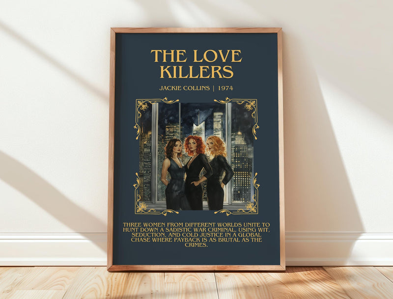The Love Killers minimalist print in frame leaning in hallway – thriller wall art