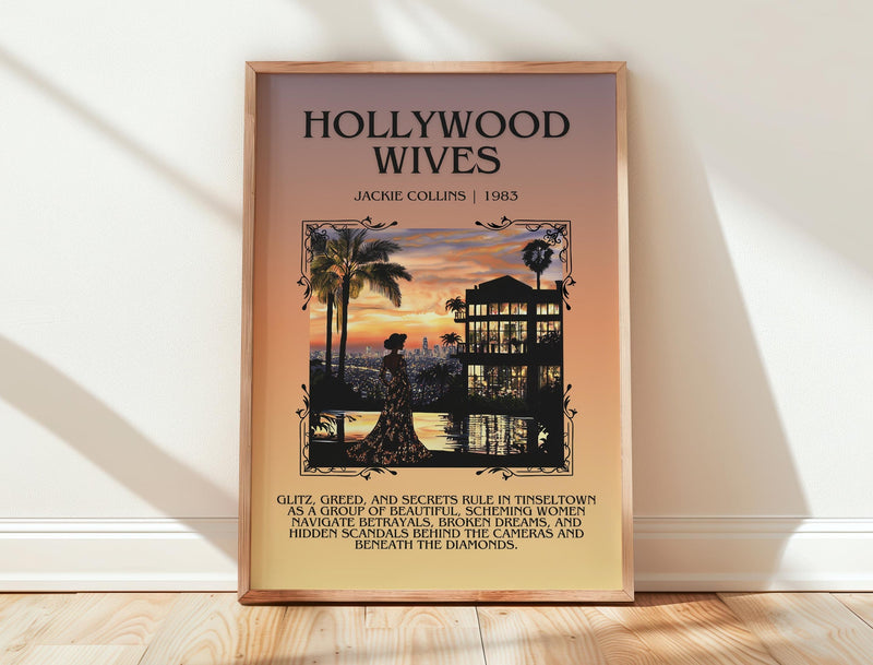 Hollywood Wives minimalist print in frame leaning in hallway – romance wall art