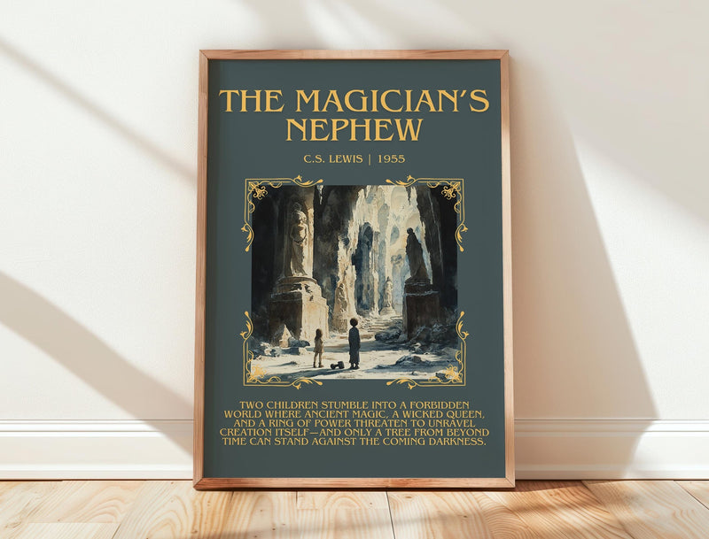 The Magician's Nephew minimalist print in frame leaning in hallway – childrens wall art