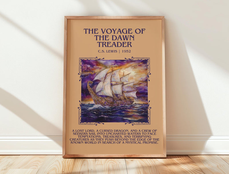 The Voyage of the Dawn Treader minimalist print in frame leaning in hallway – childrens wall art