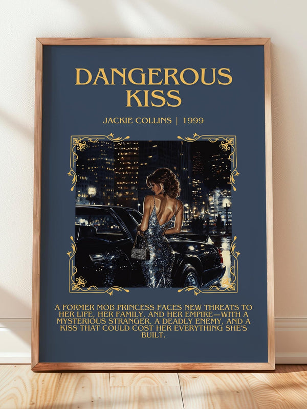 Dangerous Kiss minimalist print in frame leaning in hallway – romance wall art