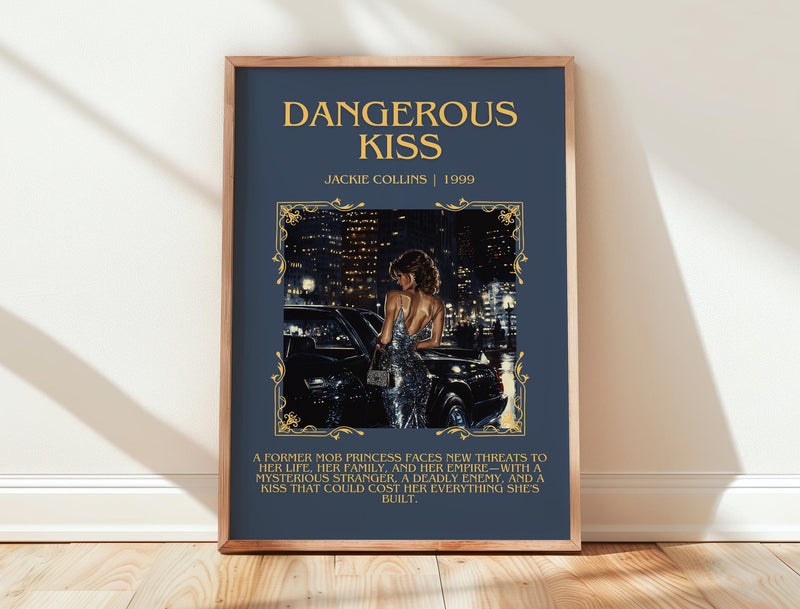 Dangerous Kiss minimalist print in frame leaning in hallway – romance wall art