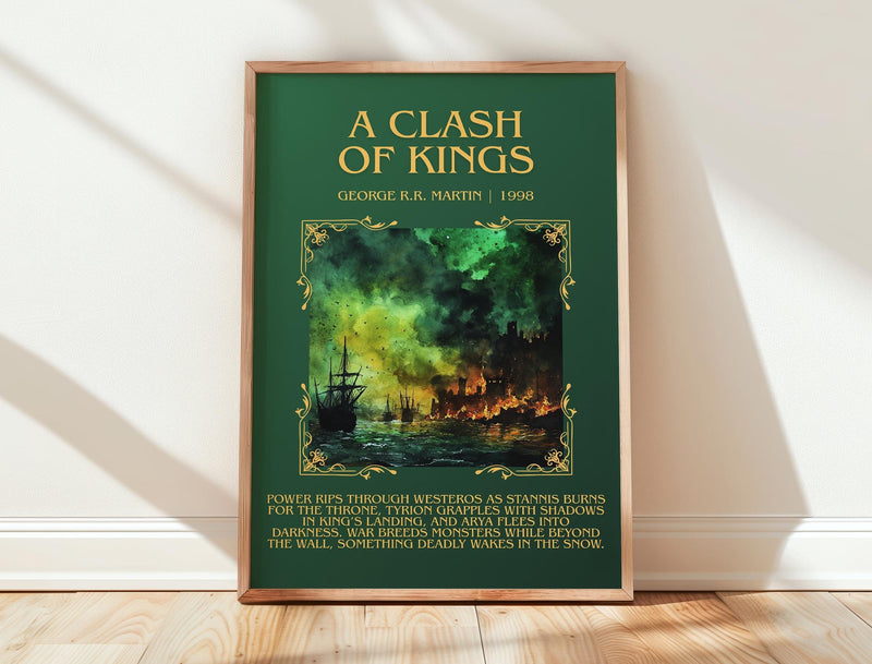 A Clash of Kings minimalist print in frame leaning in hallway – fantasy wall art