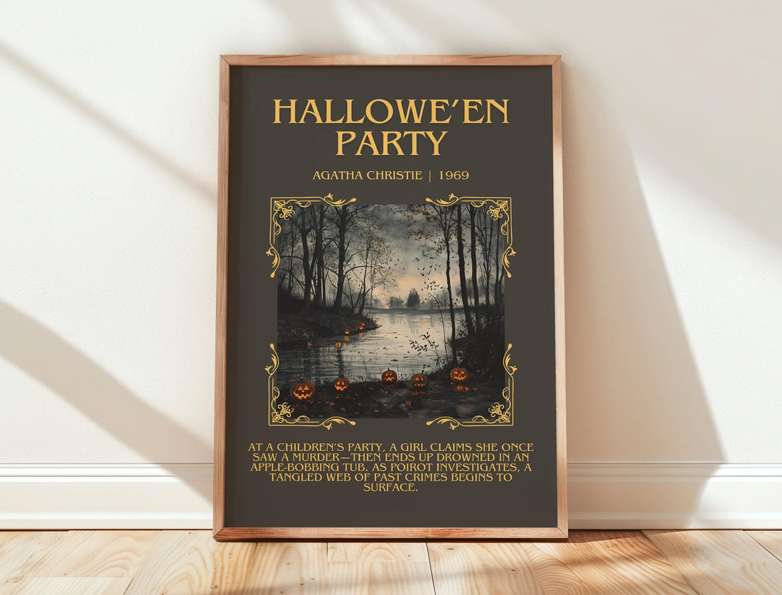 Hallowe'en Party minimalist print in frame leaning in hallway – mystery wall art (mockup)