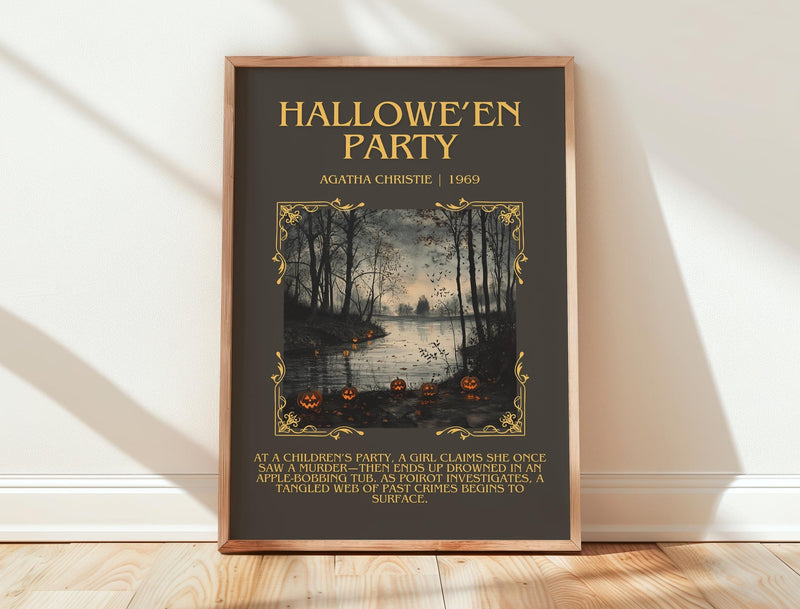 Hallowe'en Party minimalist print in frame leaning in hallway – mystery wall art