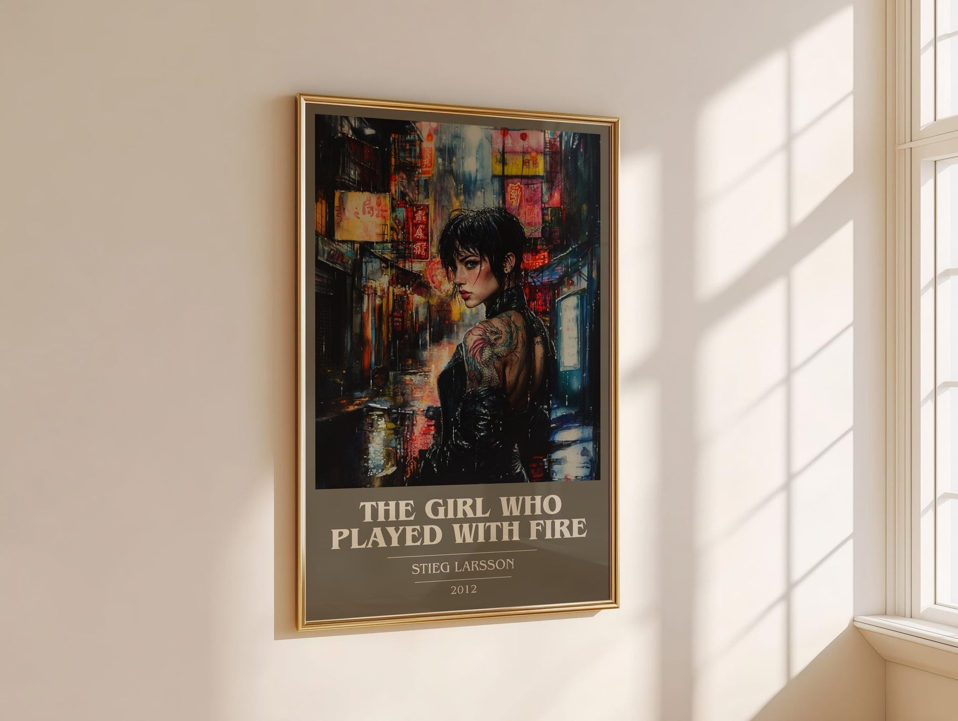 The Girl Who Played with Fire book cover print on bookshelf – Stieg Larsson fan gift
