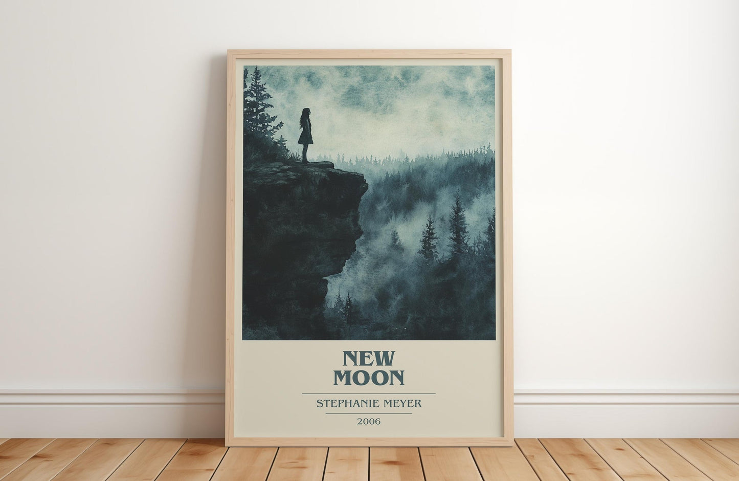 New Moon book cover print in frame leaning in hallway – young adult wall art