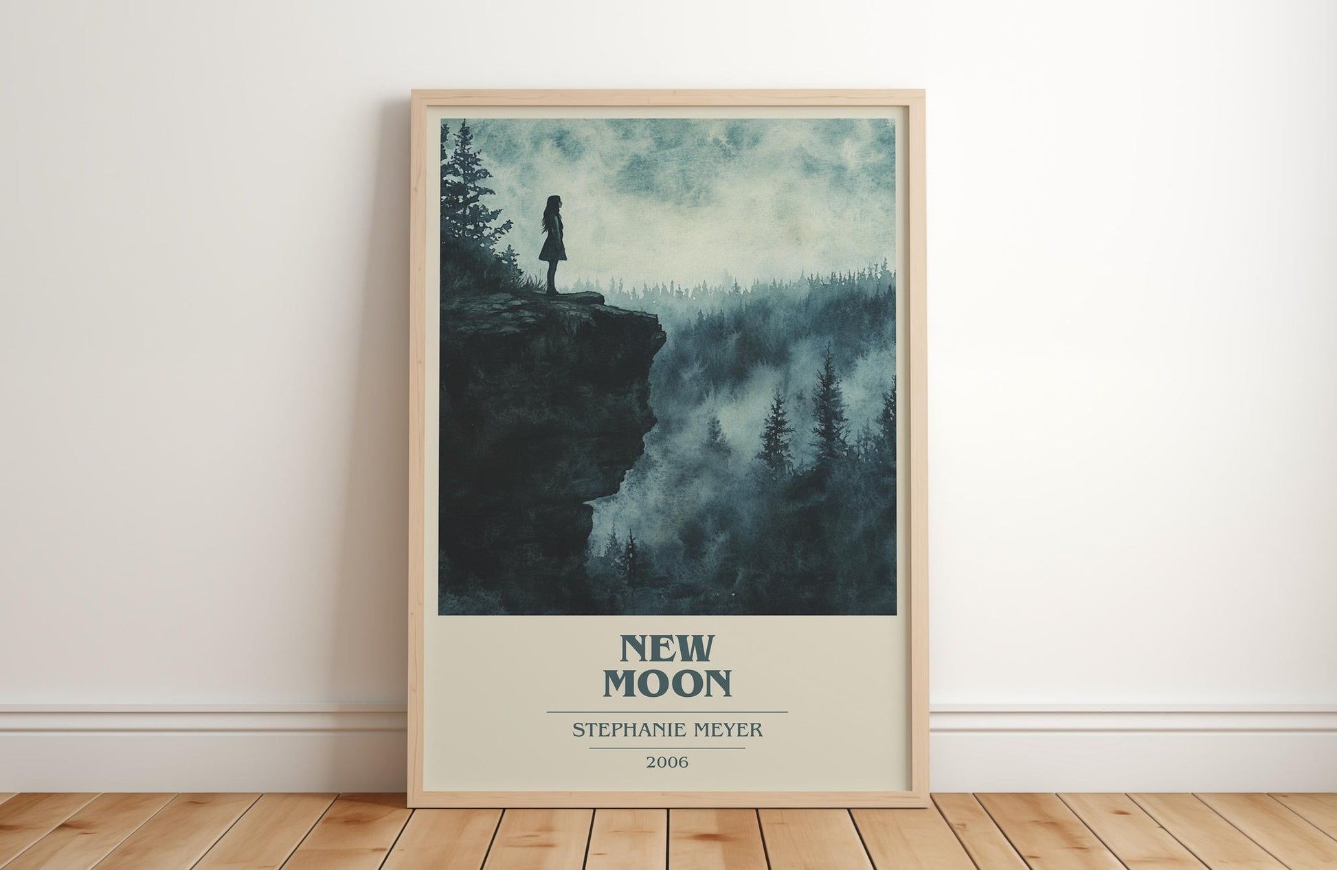 New Moon book cover print in frame leaning in hallway – young adult wall art