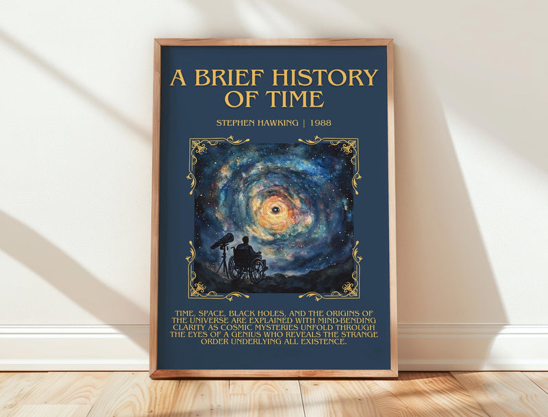 A Brief History of Time minimalist print in frame leaning in hallway – non fiction wall art