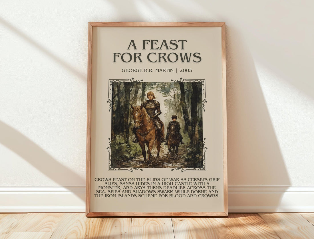 A Feast For Crows minimalist print in frame leaning in hallway – fantasy wall art (mockup)