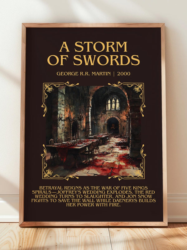 A Storm of Swords minimalist print in frame leaning in hallway – fantasy wall art